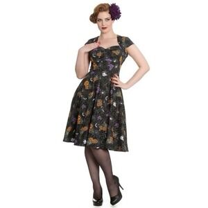 NEW Hell Bunny Harlow Halloween Dress XS Black Retro Style All Over Print